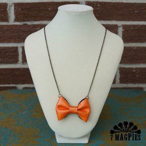 Upcycled Leather Bow Necklace in Candy OrangePink